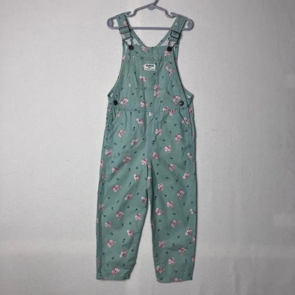 Oshkosh Floral Overalls 5T Girls Mint Coveralls Cotton Outdoors Cute